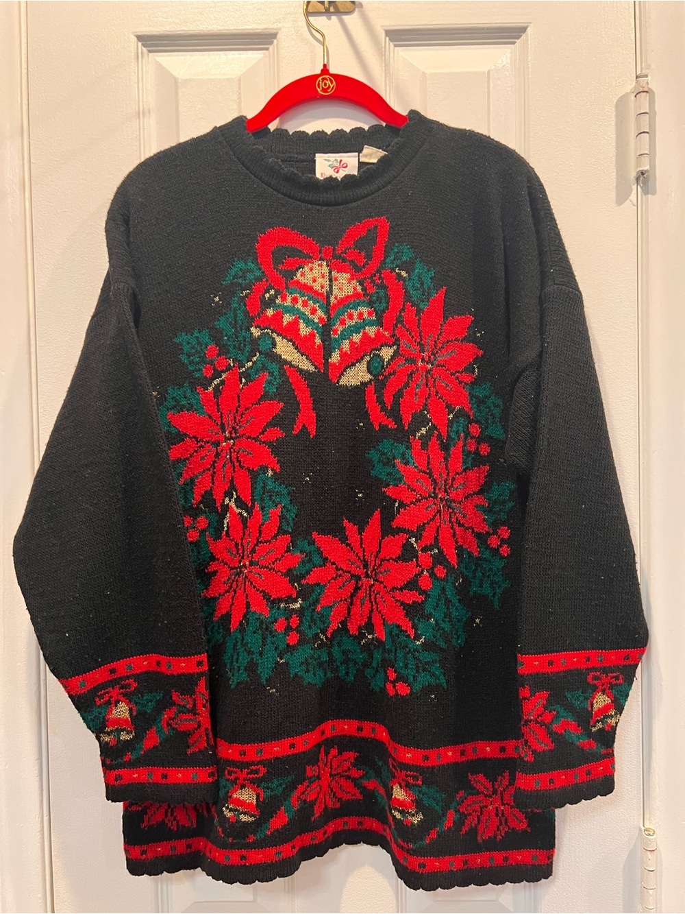 Vtg Christmas Nutcracker Women Large Poinsettias Sweater Ugly Xmas Blk Knit USA